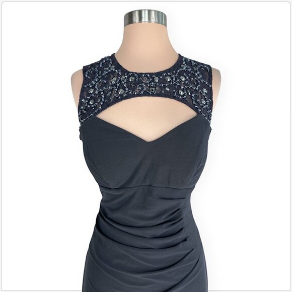 Cache Dark Gray Embellished Cutout Neckline Lace Trim Cocktail Ruched Dress 8 - Picture 3 of 5
